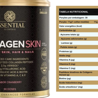 Frasco Essential Nutrition Collagen Skin suplemento com rótulo dourado e preto