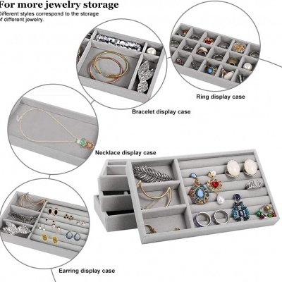 Estojos cinza de armazenamento para joias com diferentes compartimentos