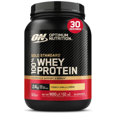 Frasco preto de suplemento 100% Whey Protein Optimum Nutrition sabor French Vanilla Crème