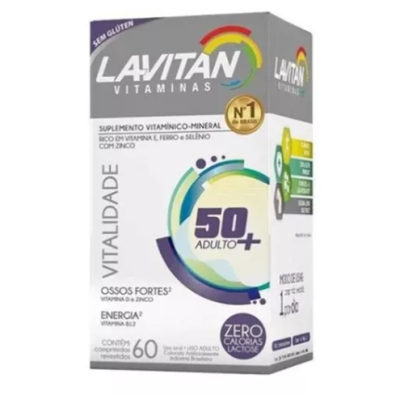 Caixa de suplemento vitamínico LAVITAN 50+ adulto com design branco e detalhes coloridos