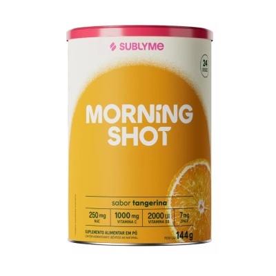 Suplemento alimentar MORNING SHOT sabor tangerina em embalagem branca e amarela com tampa rosa