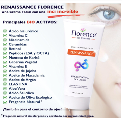 Tubo branco de creme facial Florence Bio Cosmétics Renaissance com texto explicativo sobre ingredientes e imagem de rosto ao fundo