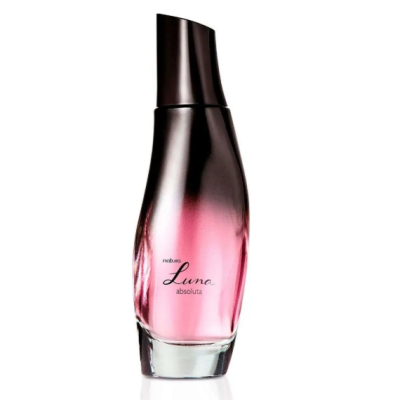 Frasco de perfume preto e rosa com tampa preta e texto de marca