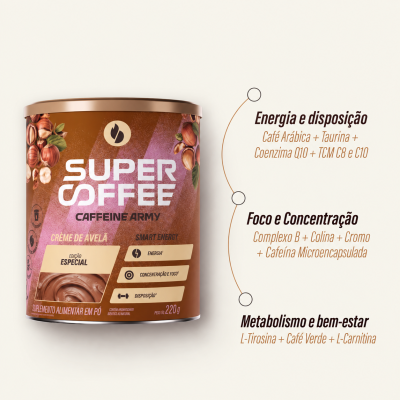 Lata de suplemento alimentar em pó Super Coffee sabor Crème de Avelã com texto em português e embalagem castanha