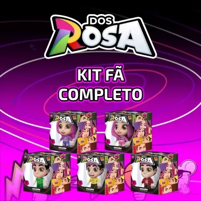 Cinco bonecos DOS ROSA em caixas coloridas com fundo roxo e texto KIT FÃ COMPLETO
