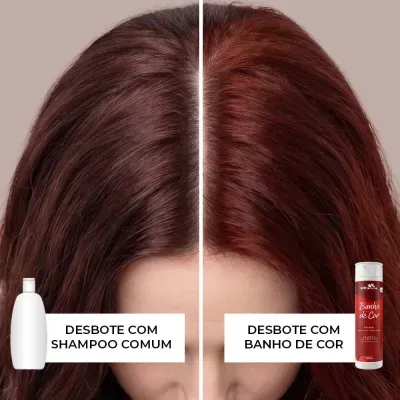 Comparação de cabelo vermelho desbotado com shampoo comum e vibrante com Banho de Cor