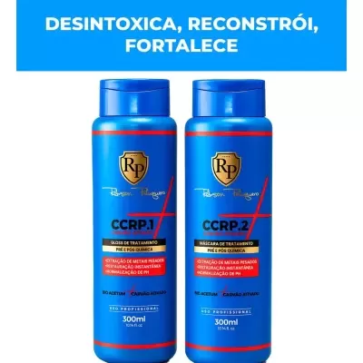 Dois frascos azuis de tratamento capilar CCRP.1 e CCRP.2 com rótulo de carvão ativado