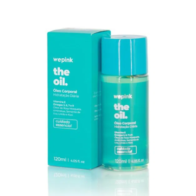 Frasco e caixa turquesa de óleo corporal Wepink The Oil com texto branco