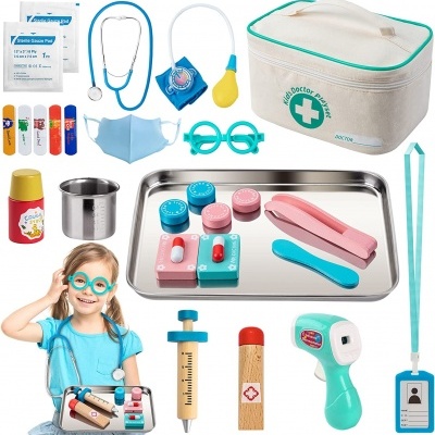 Brinquedos médicos infantis com estojo, estetoscópio, seringas, termómetro, bandagens, máscara e óculos