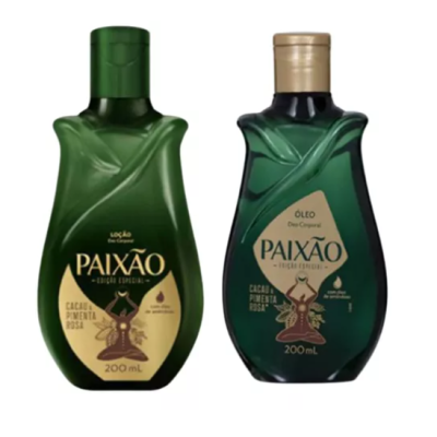 Dois frascos verdes de produtos Paixão para cuidados corporais