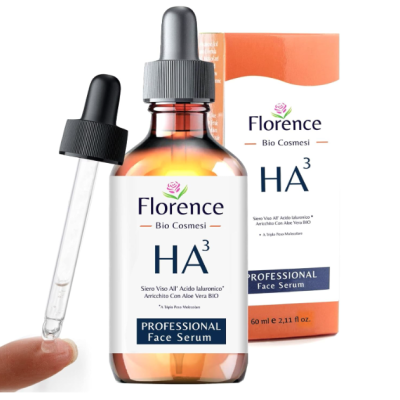 Sérum facial Florence Bio Cosmesi HA3 em frasco âmbar com conta-gotas e embalagem de cor laranja e branco