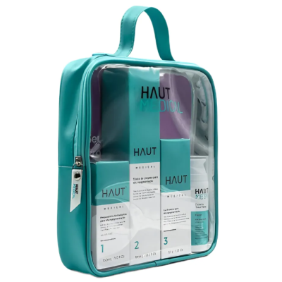 Bolsa turquesa com produtos HAUT MEDIOL visíveis por plástico transparente
