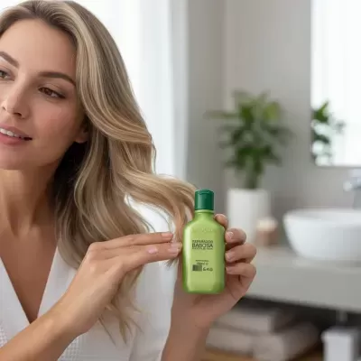 Mulher aplica reparador de cabelo babosa em casa de banho