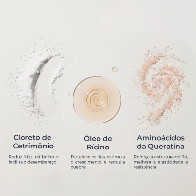 Ingredientes para cuidados de cabelo: cloreto de cetrimônio em pó, óleo de rícino líquido e aminoácidos da queratina em ramos secos, com texto descritivo em português.