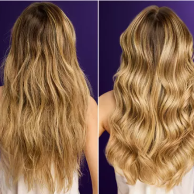 Comparação de cabelo loiro ondulado antes e depois com fundo roxo