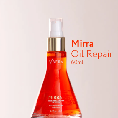 Frasco de óleo reparador Mirra em vidro âmbar com tampa branca e dourada