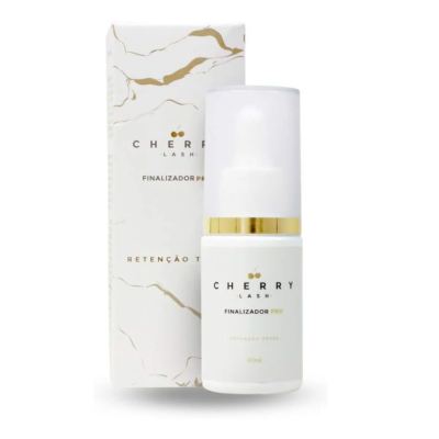 Frasco do produto Cherry Lash Finalizador Pro com embalagem ao fundo