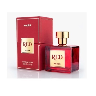 Frasco e caixa de perfume vermelho com detalhes dourados