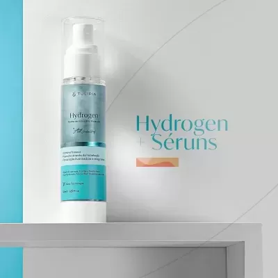 Frasco de bruma de hidrogénio molecular com tampa branca e rótulo azul