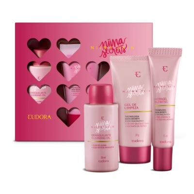 Conjunto de produtos de beleza Eudora cor-de-rosa com embalagem e três frascos