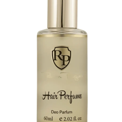 Frasco de perfume para cabelo com rótulo RP e texto em fundo branco