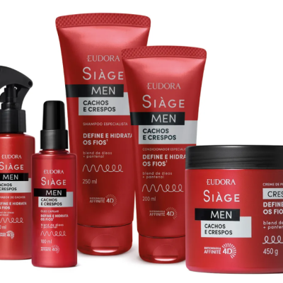 Conjunto de produtos capilares Eudora Siàge Men para cachos e crespos em embalagens vermelhas e pretas