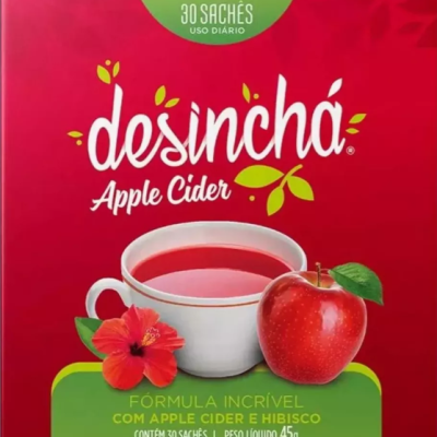 Embalagem vermelha de chá desinchá Apple Cider com maçã e flor vermelha