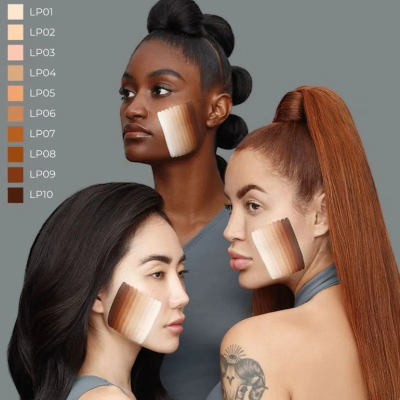 Três mulheres com tons de pele diferentes mostram amostras de cores de base de maquilhagem LP01 a LP10 nas bochechas.