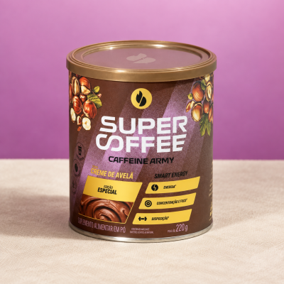 Lata de suplemento alimentar em pó Super Coffee sabor Creme de Avelã com tampa dourada