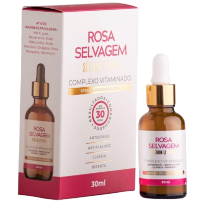 Sérum lifting Rosa Selvagem em frasco âmbar com embalagem rosa e branca