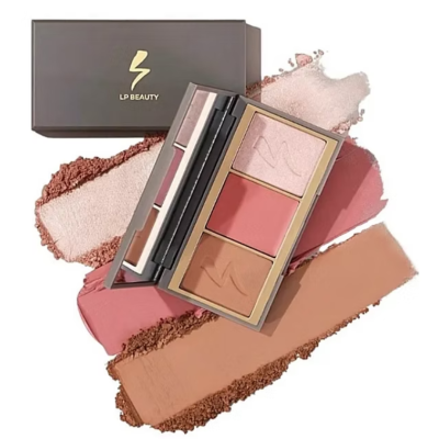 Paleta de maquilhagem com pó iluminador, blush e bronzer em tons neutros e rose