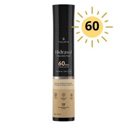 Frasco de protector solar facial Tulípia Hidrasol FPS 60 preto e bege