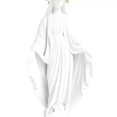Estátua branca da Virgem Maria com auréola dourada de estrelas
