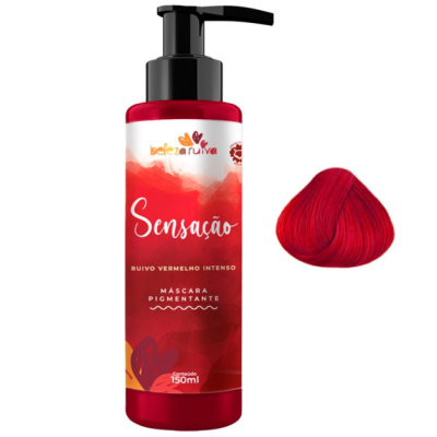 Máscara pigmentante vermelho intenso e mecha de cabelo tingida