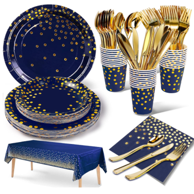 Conjunto de louça descartável azul com pontos dourados para festa