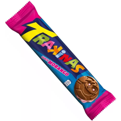 Pacote de bolacha recheada RAINAS sabor morango com embalagem azul e rosa