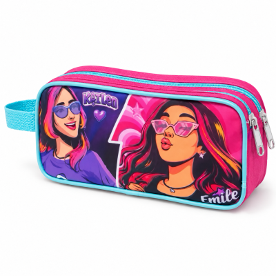 Estojo escolar rosa e azul com ilustrações de mulheres jovens com óculos