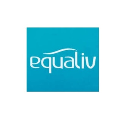 Logotipo da marca equaliv em branco sobre fundo azul