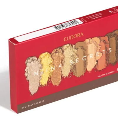 Paleta de sombras Eudora Nina Secrets com várias cores neutras e embalagem vermelha