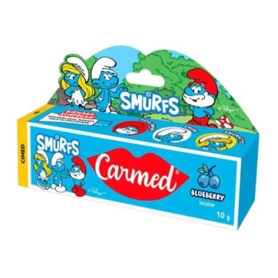 Caixa azul de produto Carmed com personagens dos Smurfs e texto Blueberry