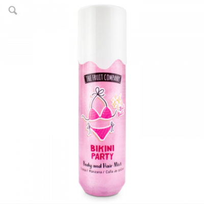 Frasco spray rosa com tampa branca e rótulo BIKINI PARTY da THE FRUIT COMPANY