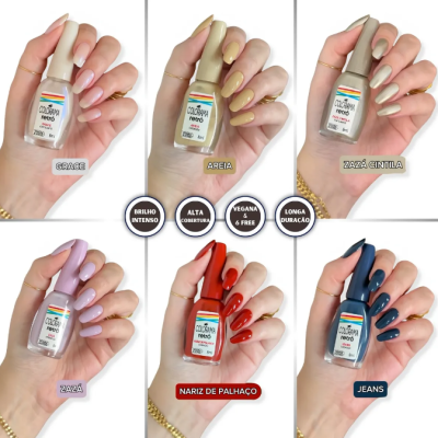 Seis mãos com diferentes cores de verniz Colorama Meus Sonhos segurando os frascos correspondentes