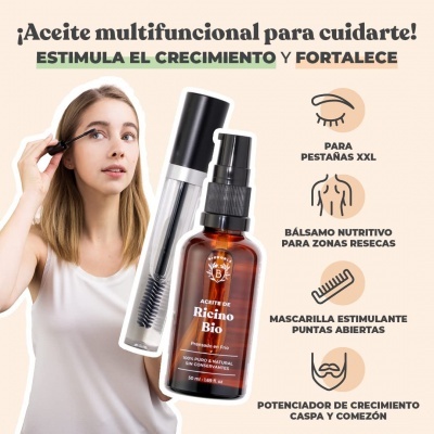 Produto óleo de rícino bio em frasco âmbar com tampa preta e aplicador, ao lado de mulher jovem aplicando nos cílios.