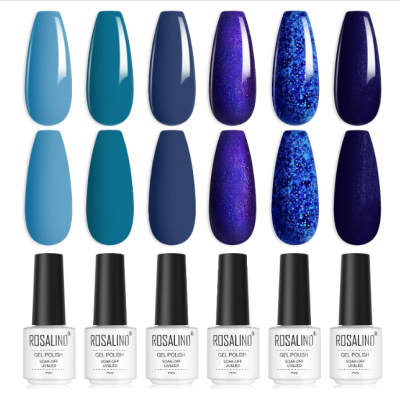 Seis frascos de verniz em gel ROSALIND com amostras de cor azul e roxo com brilhos
