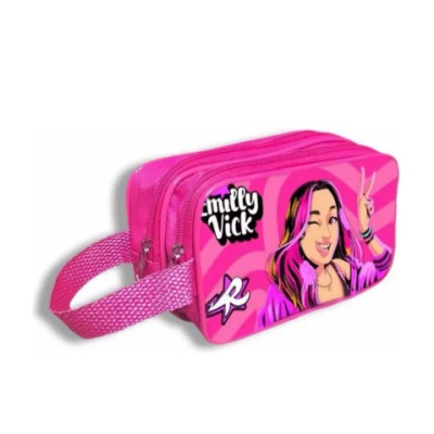 Estojo escolar rosa com desenho de rapariga e textos Milly Vick