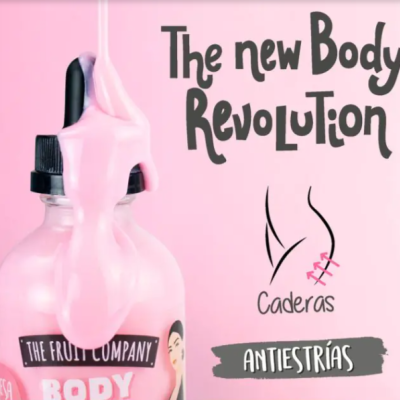 Frasco de produto líquido rosa com texto promocional em fundo rosa