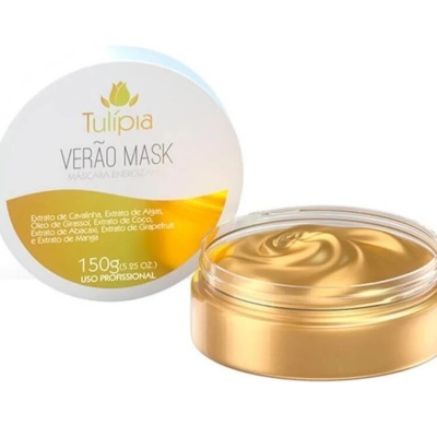Máscara capilar Tulípia Verão Mask em embalagem redonda dourada com tampa branca