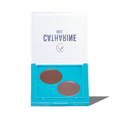 Paleta de maquilhagem azul com dois tons marrons e tampa transparente com texto