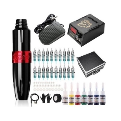 Conjunto completo de máquina de tatuagem com acessórios e tintas