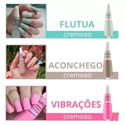 Três cores de verniz Impala cremoso: verde Flutua, bege Aconchego e rosa Vibrações mostradas em unhas e frascos.